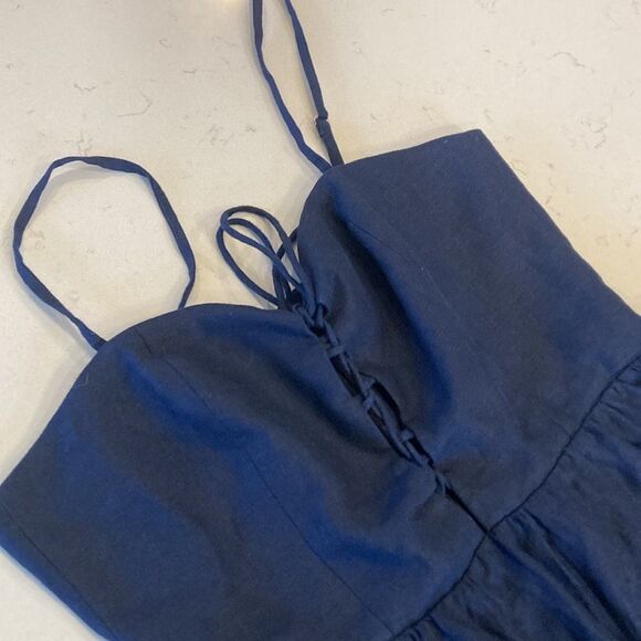 NEW Reformation 100% Linen Ellen Dress Dark Navy Lace Bodice Midi with Pockets - Picture 9 of 9